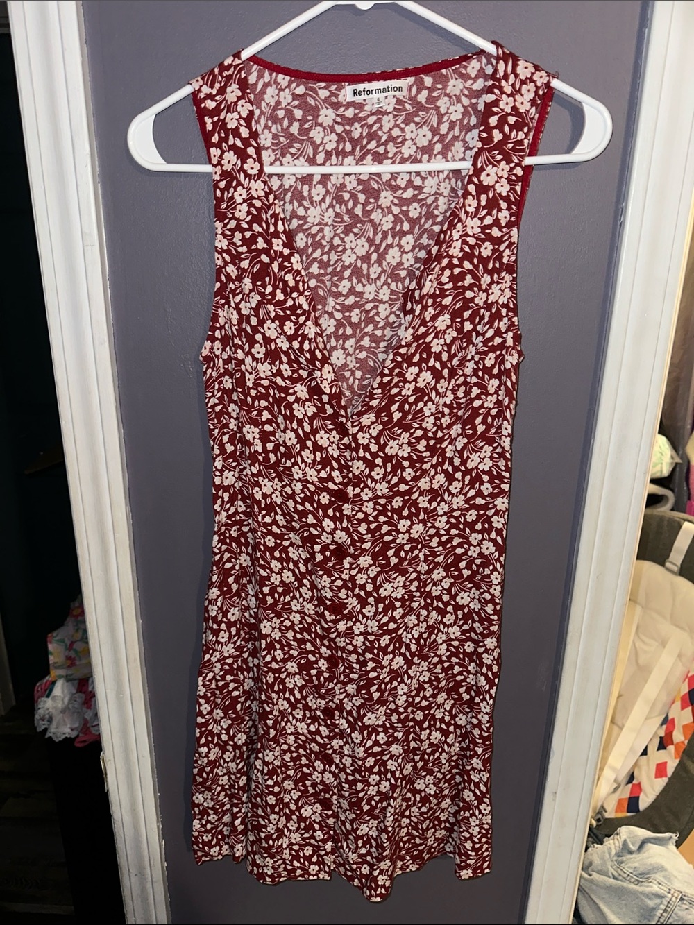 Reformation Burgundy and Cream Floral Wrap-Style Mini Dress